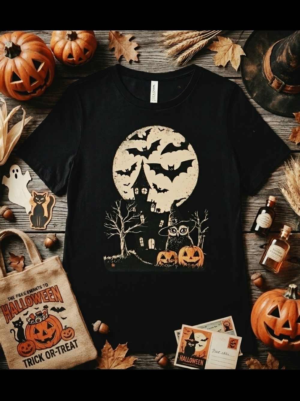 Halloween Owl Haunted House Tee | Spooky Full Moon Bats Pumpkins Shirt